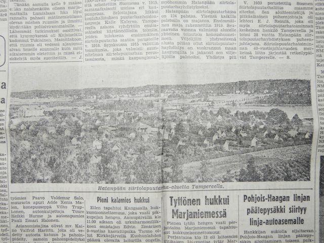 Uusi Suomi 4.8.1956: Hatanpään siirtolapuutarha-aluetta Tampereella.